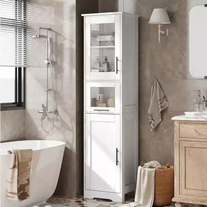 Élément de rangement haut et étroit de 170 cm avec portes vitrées et étagère réglable, armoire autoportante étroite