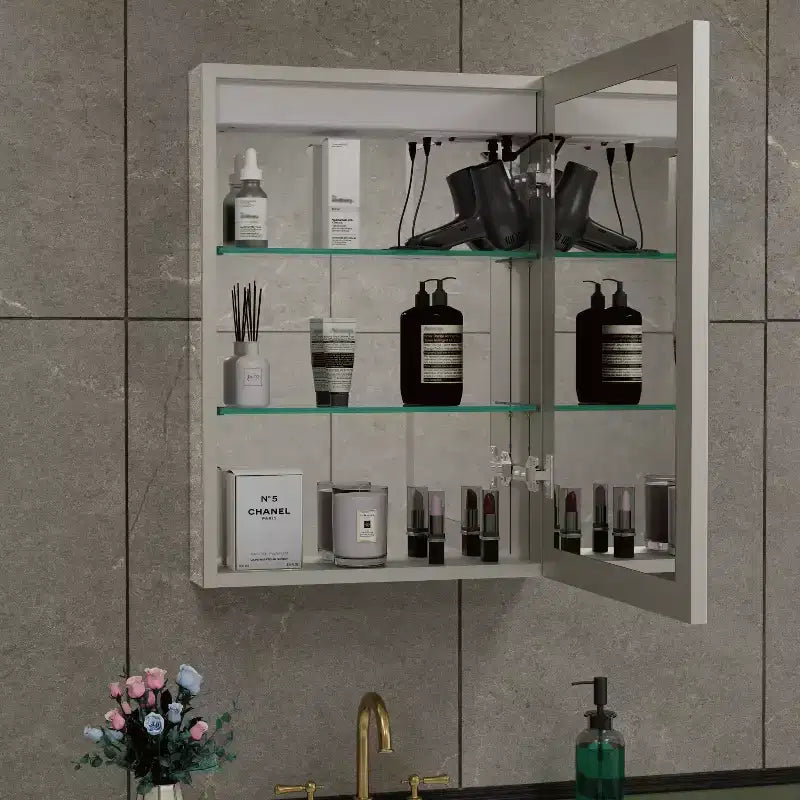 Armoire à pharmacie LED avec miroir, montage en surface ou encastré, lumière dimmable 3 couleurs, anti-buée, USB et prise de courant