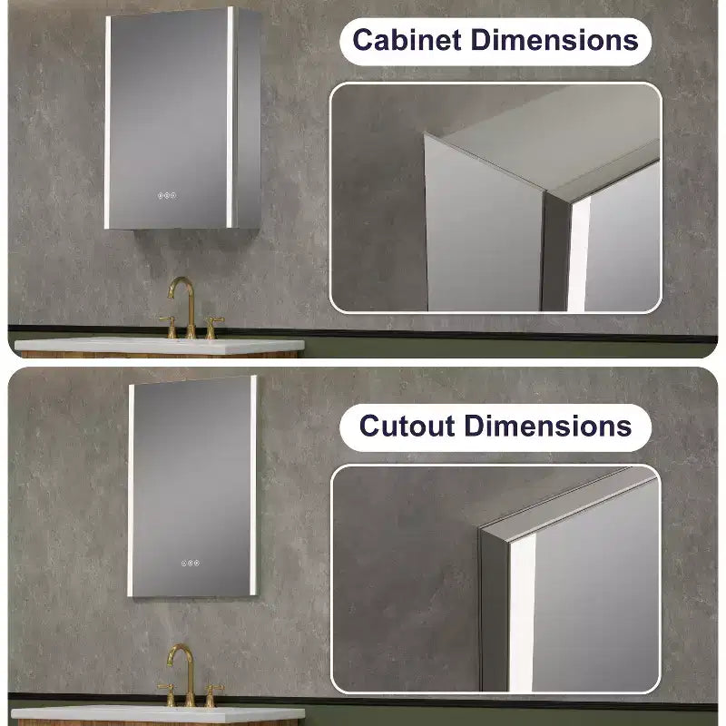 Armoire à pharmacie LED avec miroir, montage en surface ou encastré, lumière dimmable 3 couleurs, anti-buée, USB et prise de courant
