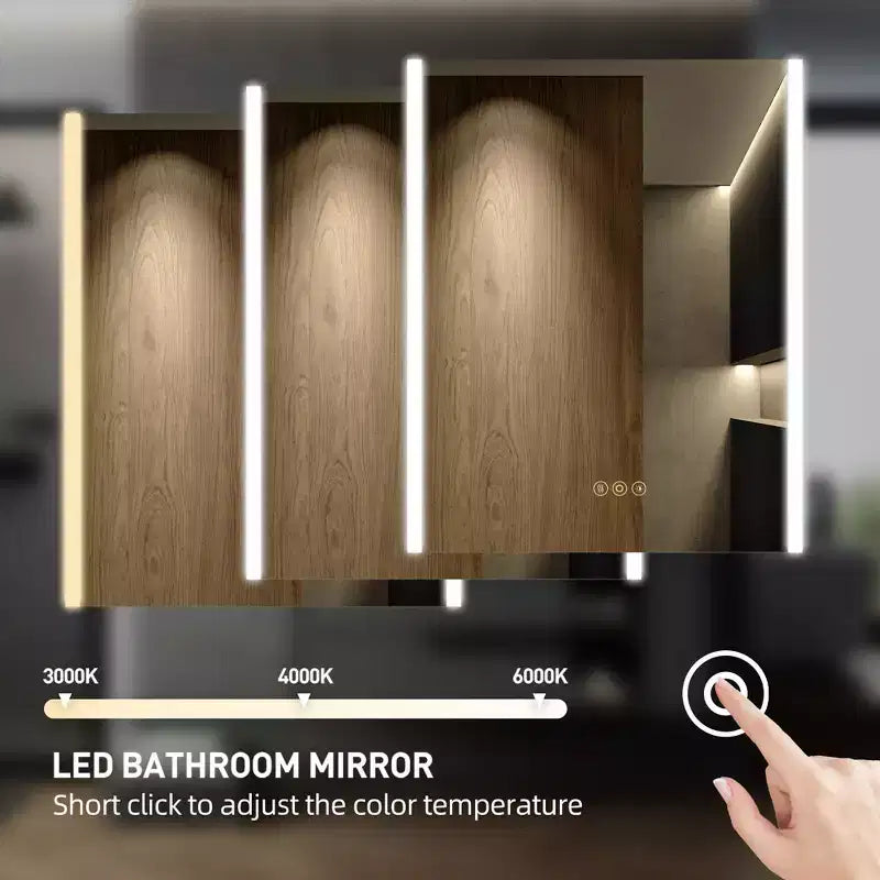 Armoire à pharmacie LED avec miroir, montage en surface ou encastré, lumière dimmable 3 couleurs, anti-buée, USB et prise de courant