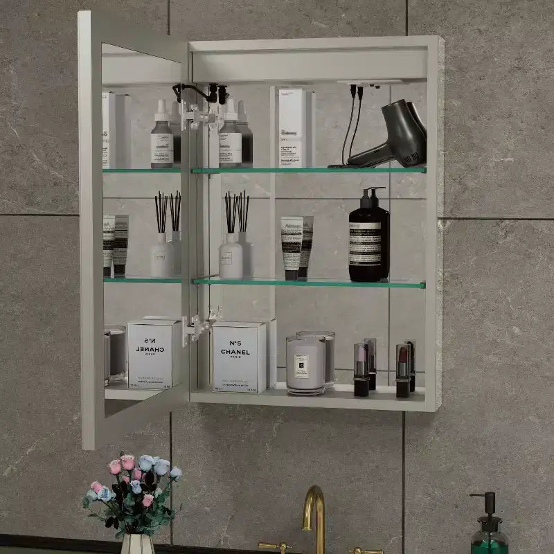 Armoire à pharmacie LED avec miroir, montage en surface ou encastré, lumière dimmable 3 couleurs, anti-buée, USB et prise de courant