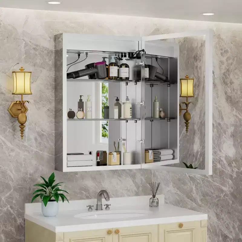 Armoire à pharmacie LED avec miroir, montage en surface ou encastré, lumière dimmable 3 couleurs, anti-buée, USB et prise de courant