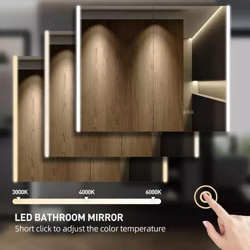 Armoire à pharmacie LED avec miroir, montage en surface ou encastré, lumière dimmable 3 couleurs, anti-buée, USB et prise de courant