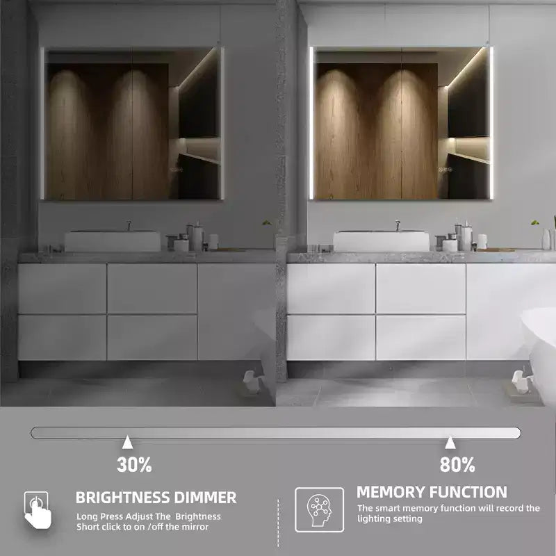 Armoire à pharmacie LED avec miroir, montage en surface ou encastré, lumière dimmable 3 couleurs, anti-buée, USB et prise de courant