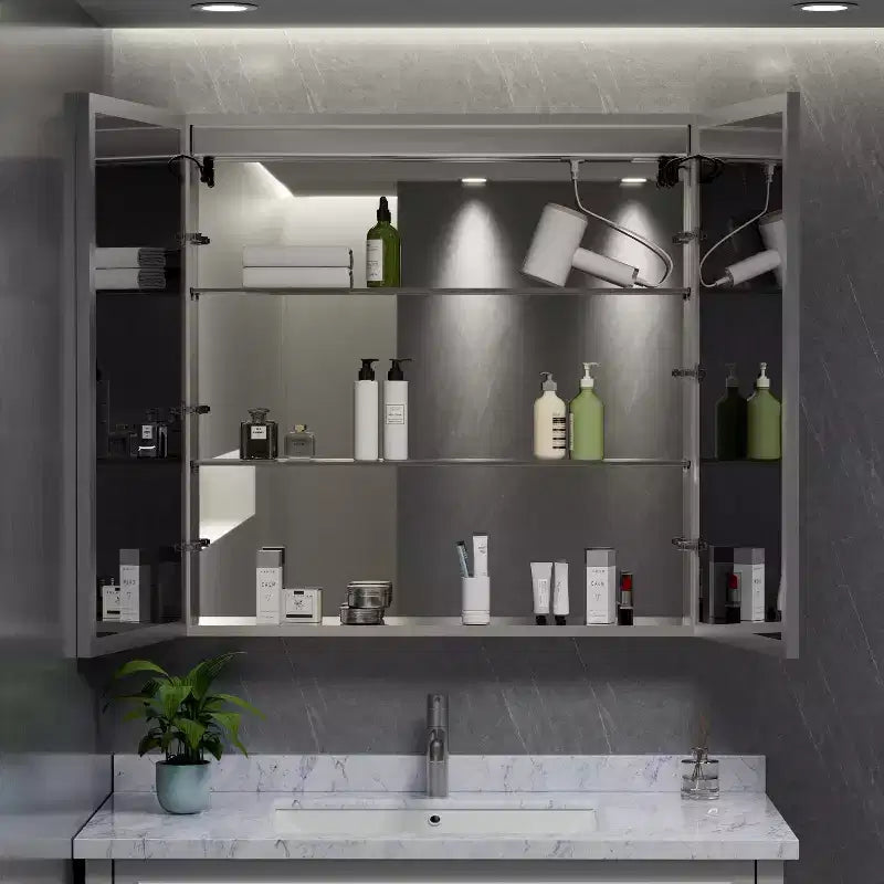 Armoire à pharmacie LED avec miroir, montage en surface ou encastré, lumière dimmable 3 couleurs, anti-buée, USB et prise de courant