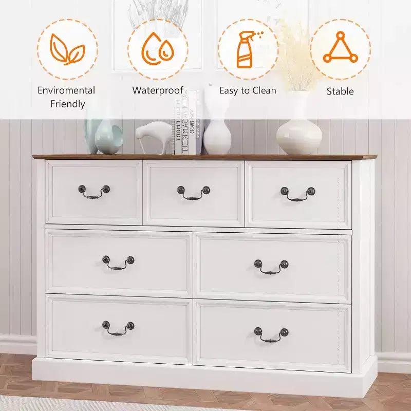 Commode en bois 7 tiroirs Acekool, organisateur de rangement rustique de style ferme pour chambre, salon, couloir et chambre d'enfant