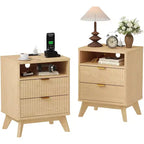 Table de chevet cannelée moderne, Table de nuit en bois avec ports USB et prises, 2 tiroirs et étagère ouverte, Table d'appoint décorative