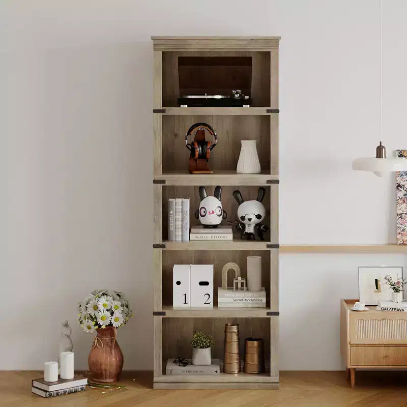 Étagère à 5 niveaux, Bibliothèque de style Ferme avec Rangement, Étagères en Bois pour Salon, Bureau à Domicile
