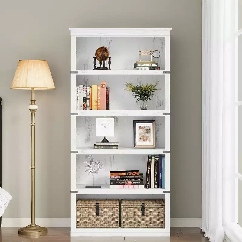 Étagère à 5 niveaux, Bibliothèque de style Ferme avec Rangement, Étagères en Bois pour Salon, Bureau à Domicile