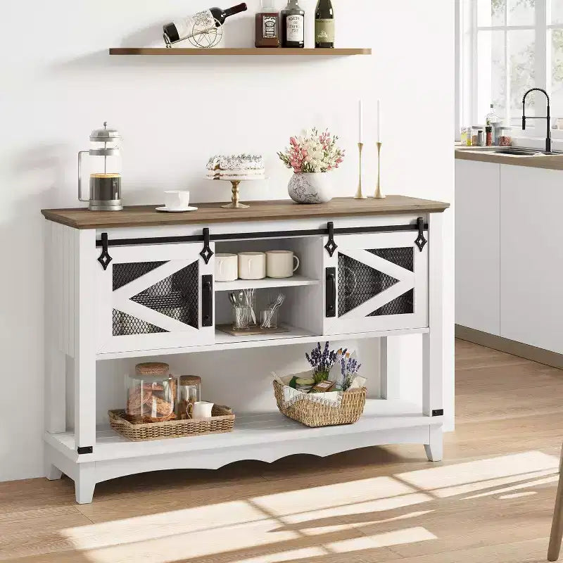 Console de ferme rustique avec portes coulissantes, Meuble de rangement, Table d'entrée, Table de canapé pour Salon, Couloir, Meuble rustique moderne