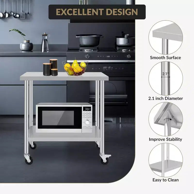 Table de Travail Commerciale en Acier Inoxydable 24x36 Pouces, Table de Préparation Mobile avec Étagère de Rangement Réglable et Roues Verrouillables