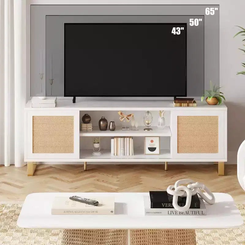 Meuble TV pour Téléviseur 65 Pouces, Meuble TV Moderne Blanc, Meuble Console TV en Rotin avec Rangement, Portes et Étagères
