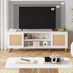 Meuble TV pour Téléviseur 65 Pouces, Meuble TV Moderne Blanc, Meuble Console TV en Rotin avec Rangement, Portes et Étagères