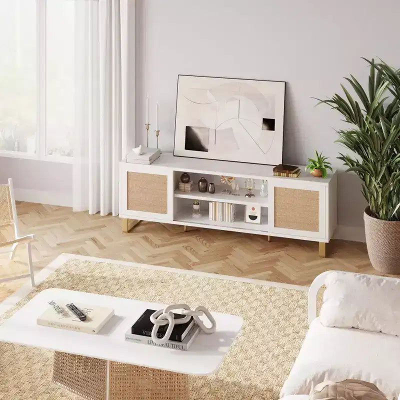 Meuble TV pour Téléviseur 65 Pouces, Meuble TV Moderne Blanc, Meuble Console TV en Rotin avec Rangement, Portes et Étagères
