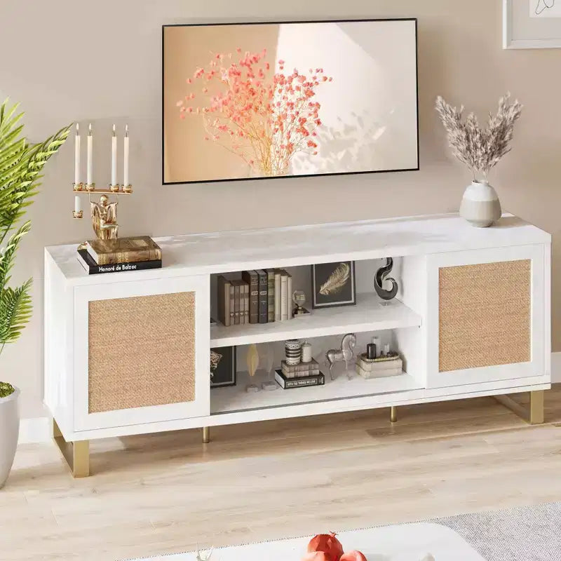 Meuble TV pour Téléviseur 65 Pouces, Meuble TV Moderne Blanc, Meuble Console TV en Rotin avec Rangement, Portes et Étagères