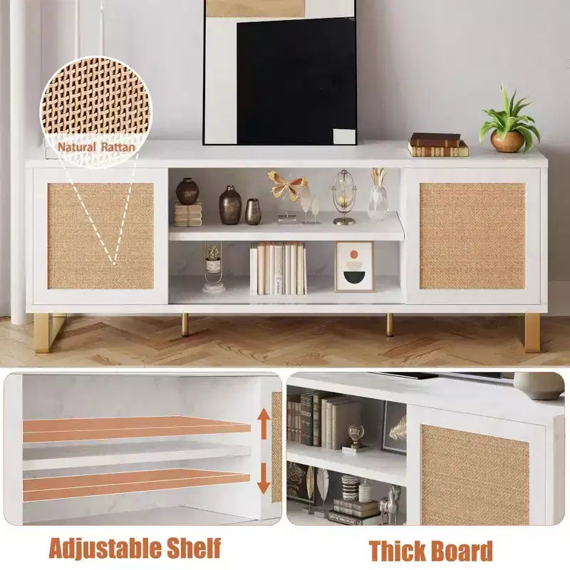 Meuble TV pour Téléviseur 65 Pouces, Meuble TV Moderne Blanc, Meuble Console TV en Rotin avec Rangement, Portes et Étagères