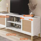 Meuble TV pour Téléviseur 65 Pouces, Meuble TV Moderne Blanc, Meuble Console TV en Rotin avec Rangement, Portes et Étagères