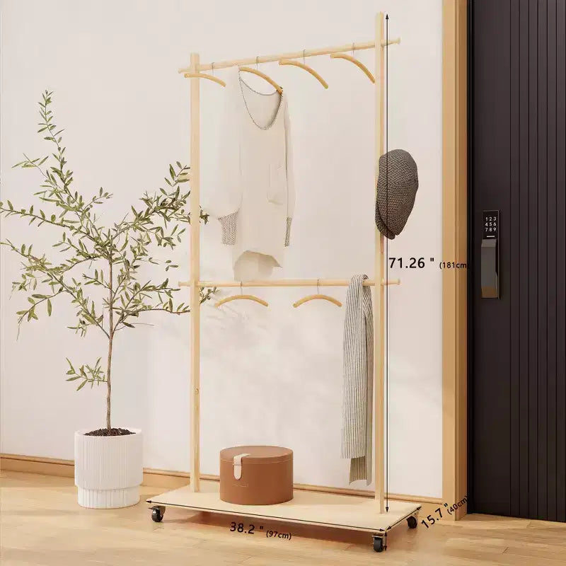 Portant à vêtements en bois, porte-vêtements autoportant à roulettes, armoire de rangement mobile, organisateur de rangement de vêtements pour chambre à coucher