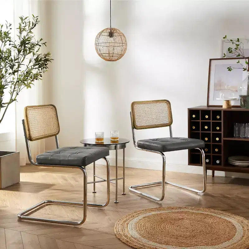 Art Leon Faux Leather Seat and Wicker Cane Back Dining Chairs, Set of 2