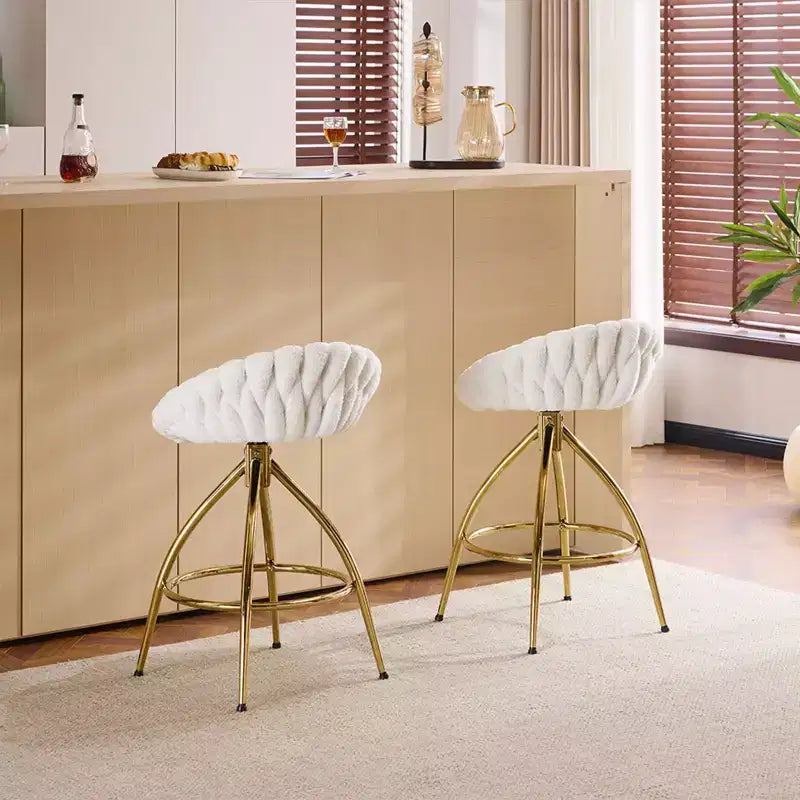 Karl Home Lot de 2 tabourets de bar pivotants blancs avec revêtement en tissu bouclette et pieds en fer doré galvanisé