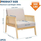 2 Fauteuils d'appoint modernes du milieu du siècle, Chaises confortables avec pieds en bois robustes, dossier en rotin et coussin épais en lin beige, pour chambre à coucher, balcon