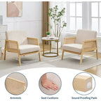 2 Fauteuils d'appoint modernes du milieu du siècle, Chaises confortables avec pieds en bois robustes, dossier en rotin et coussin épais en lin beige, pour chambre à coucher, balcon