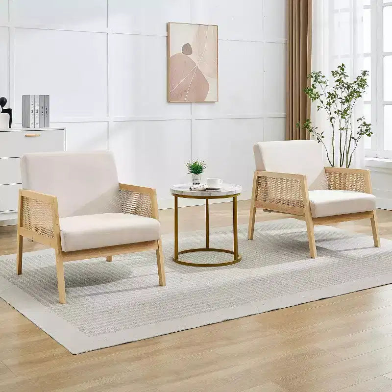 2 Fauteuils d'appoint modernes du milieu du siècle, Chaises confortables avec pieds en bois robustes, dossier en rotin et coussin épais en lin beige, pour chambre à coucher, balcon