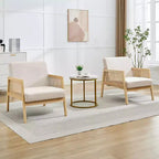 2 Fauteuils d'appoint modernes du milieu du siècle, Chaises confortables avec pieds en bois robustes, dossier en rotin et coussin épais en lin beige, pour chambre à coucher, balcon