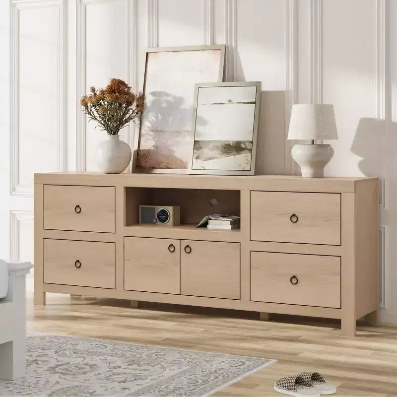Meuble TV de style rustique avec 6 tiroirs et étagère pour barre de son pour téléviseurs jusqu'à 80 pouces