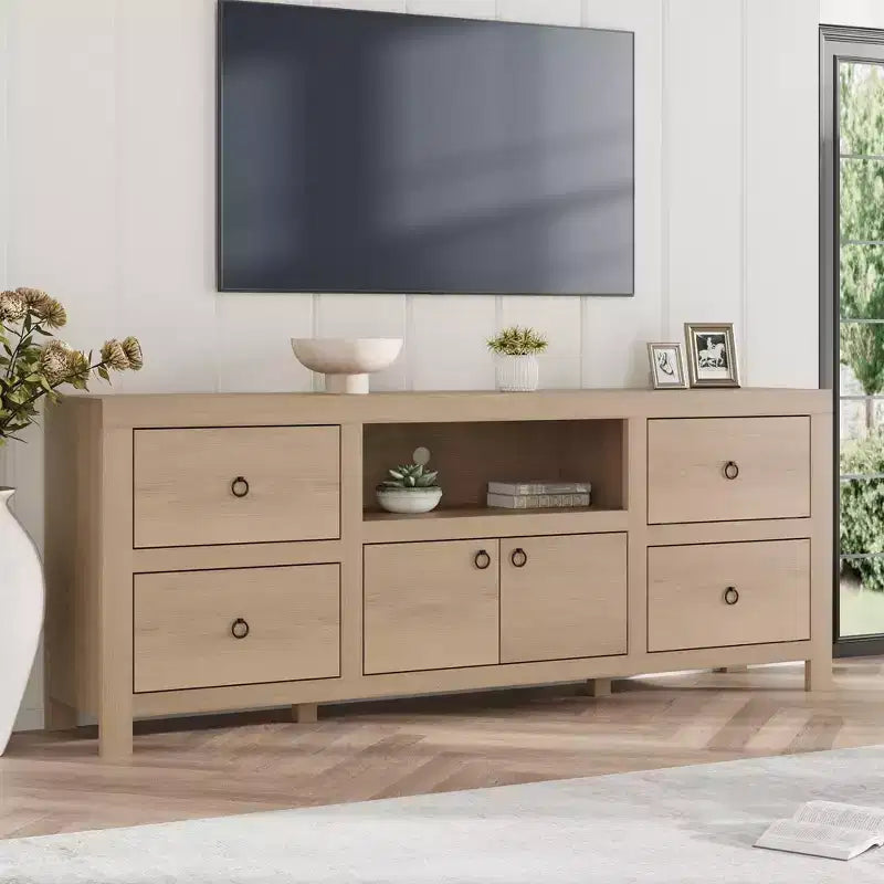 Meuble TV de style rustique avec 6 tiroirs et étagère pour barre de son pour téléviseurs jusqu'à 80 pouces