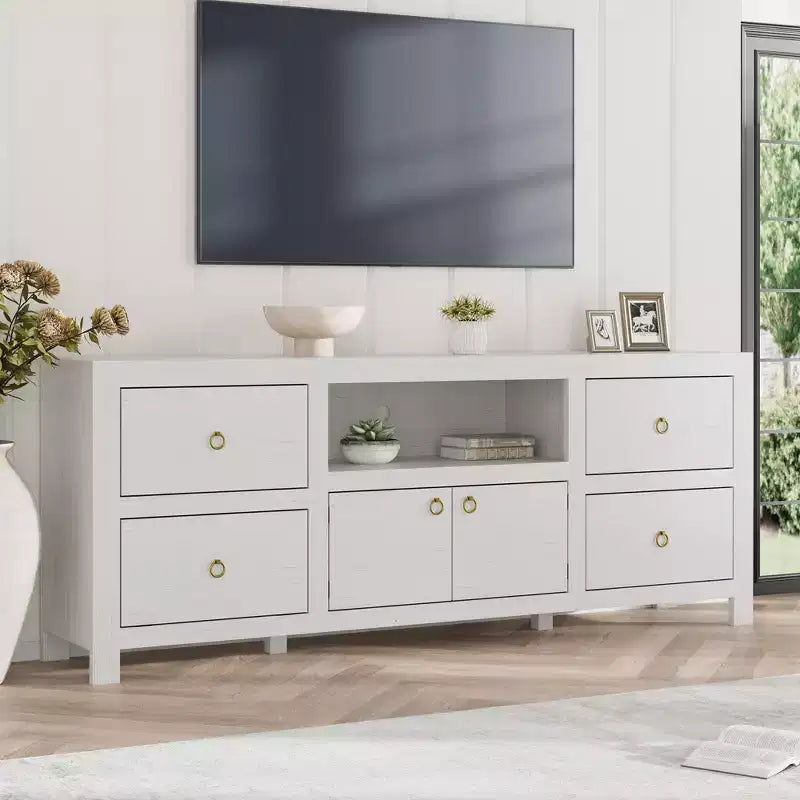 Meuble TV de style rustique avec 6 tiroirs et étagère pour barre de son pour téléviseurs jusqu'à 80 pouces