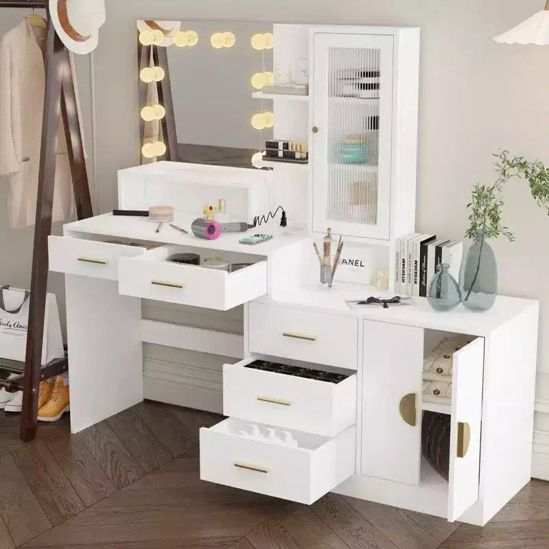 Coiffeuse de maquillage avec lumières, prise USB et de courant et armoire à tiroirs