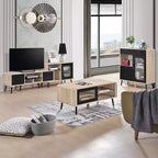 Kings Brand Furniture Nathan 3-Piece Living Room Set with TV Stand, Coffee Table & Sideboard Cabinet, Modern Farmhouse Style, Oak/Black