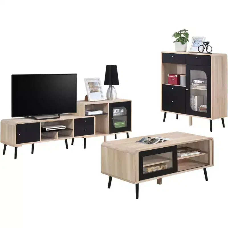 Kings Brand Furniture Nathan Ensemble de salon 3 pièces avec meuble TV, table basse et buffet, style ferme moderne, chêne/noir