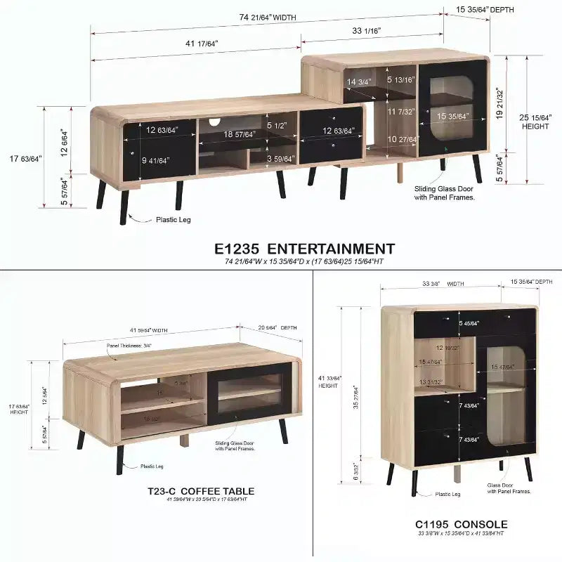 Kings Brand Furniture Nathan Ensemble de salon 3 pièces avec meuble TV, table basse et buffet, style ferme moderne, chêne/noir