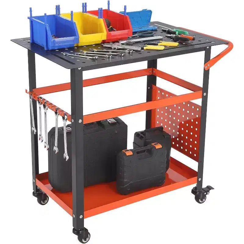 Table de soudure roulante portative Acekool 36x24 avec plateau en acier, panneau perforé, trous de 5/8 po, fentes à outils, étagère de rangement, capacité de 544 kg, orange