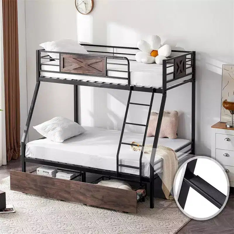 Lit superposé Karl Home, deux places au-dessus d'un lit double, avec 2 tiroirs de rangement, support à lattes métalliques robuste, sommier tapissier non requis