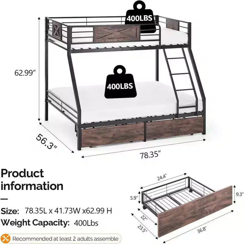 Lit superposé Karl Home, deux places au-dessus d'un lit double, avec 2 tiroirs de rangement, support à lattes métalliques robuste, sommier tapissier non requis