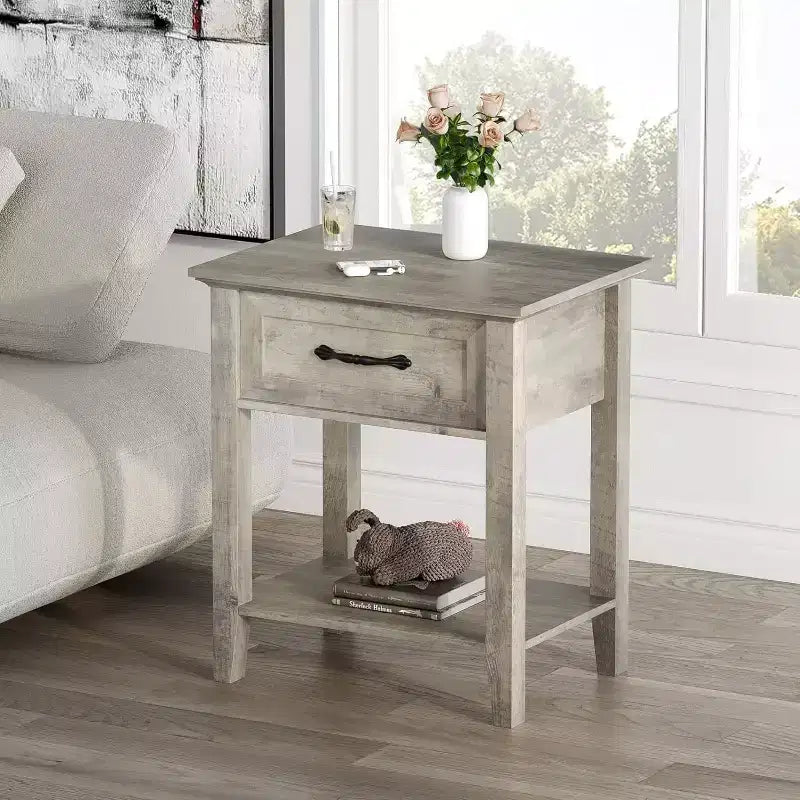 GustoWave Nightstands End Table with Drawer, Side Table for Spaces, 2 Tiers Storage Shelves with Dresser, Bedside Table