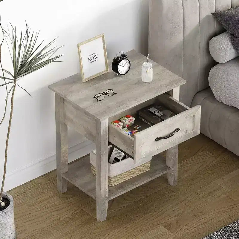 GustoWave Nightstands End Table with Drawer, Side Table for Spaces, 2 Tiers Storage Shelves with Dresser, Bedside Table