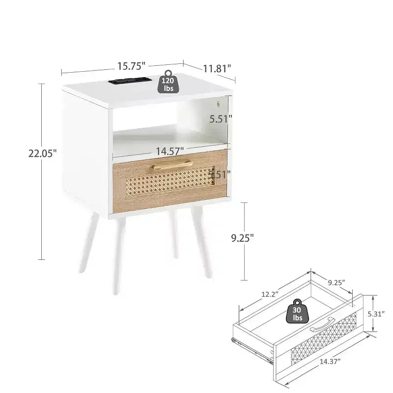 Table de chevet avec station de recharge, table d'appoint en rotin, table d'appoint de 40 cm en bois avec rangement et tiroir, ports USB pour salon