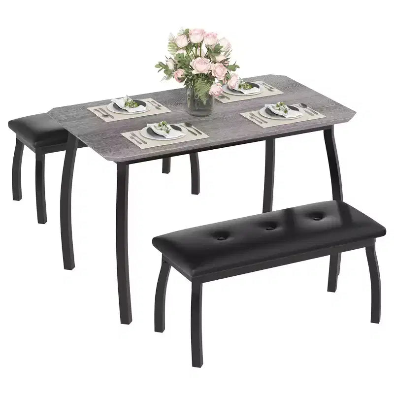 Dining Table Set for 4, Metal Frame Kitchen Table Set with 2 Upholstered Bench, 3 Piece Dining Room Table Furniture for Apartment, Studio, Home