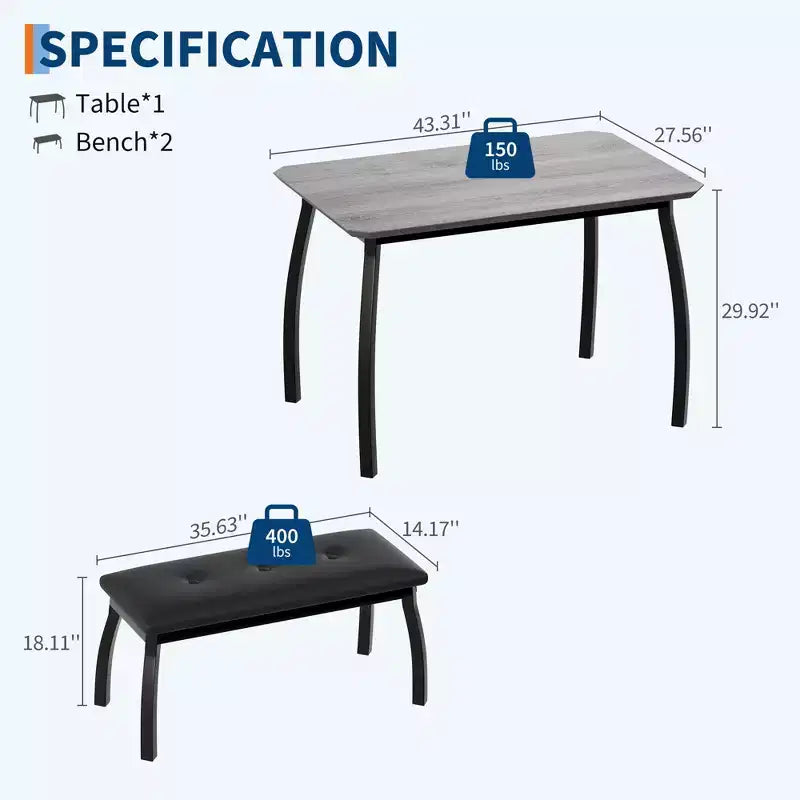 Dining Table Set for 4, Metal Frame Kitchen Table Set with 2 Upholstered Bench, 3 Piece Dining Room Table Furniture for Apartment, Studio, Home