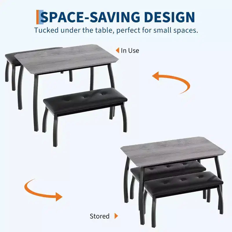 Dining Table Set for 4, Metal Frame Kitchen Table Set with 2 Upholstered Bench, 3 Piece Dining Room Table Furniture for Apartment, Studio, Home