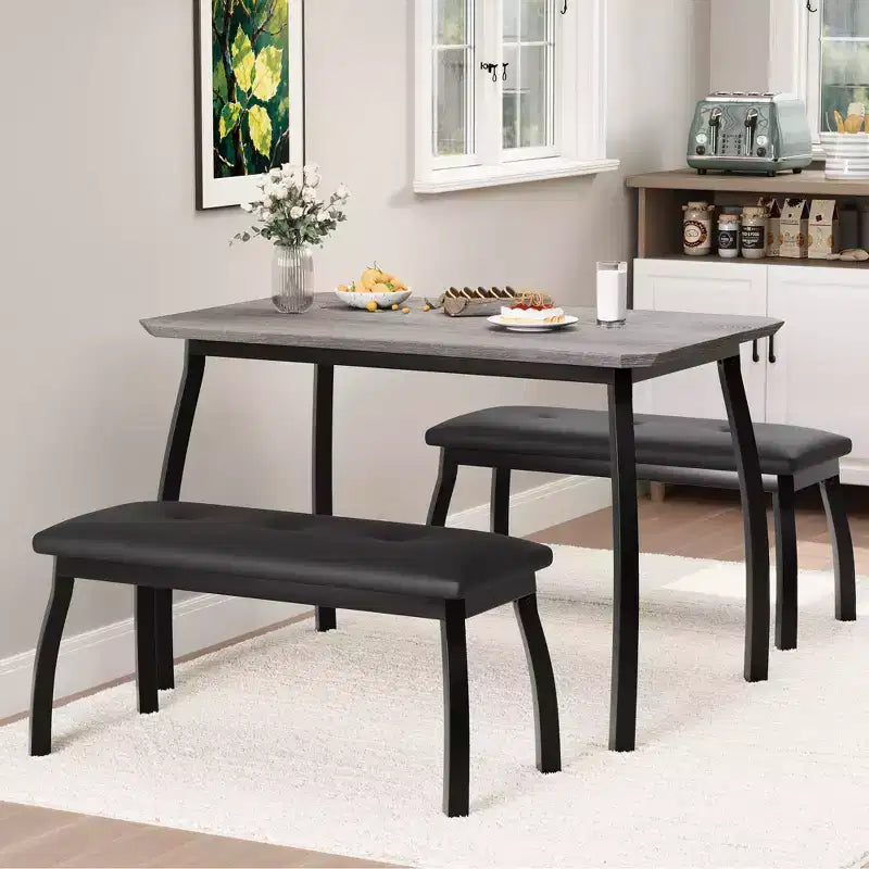 Dining Table Set for 4, Metal Frame Kitchen Table Set with 2 Upholstered Bench, 3 Piece Dining Room Table Furniture for Apartment, Studio, Home