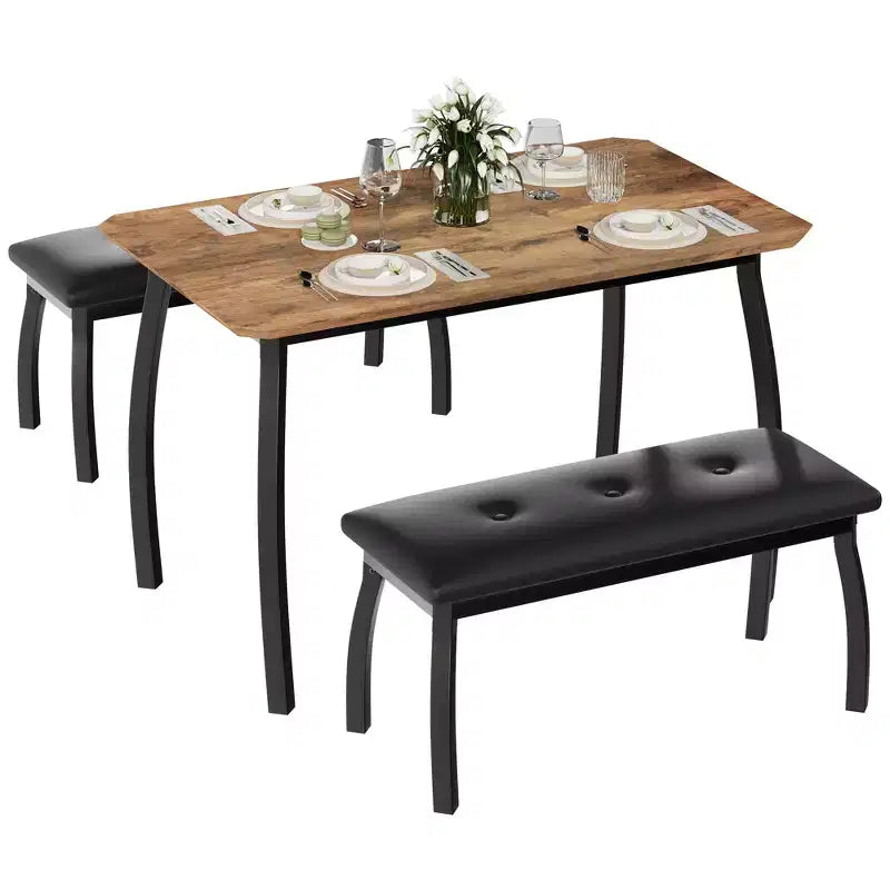 Dining Table Set for 4, Metal Frame Kitchen Table Set with 2 Upholstered Bench, 3 Piece Dining Room Table Furniture for Apartment, Studio, Home