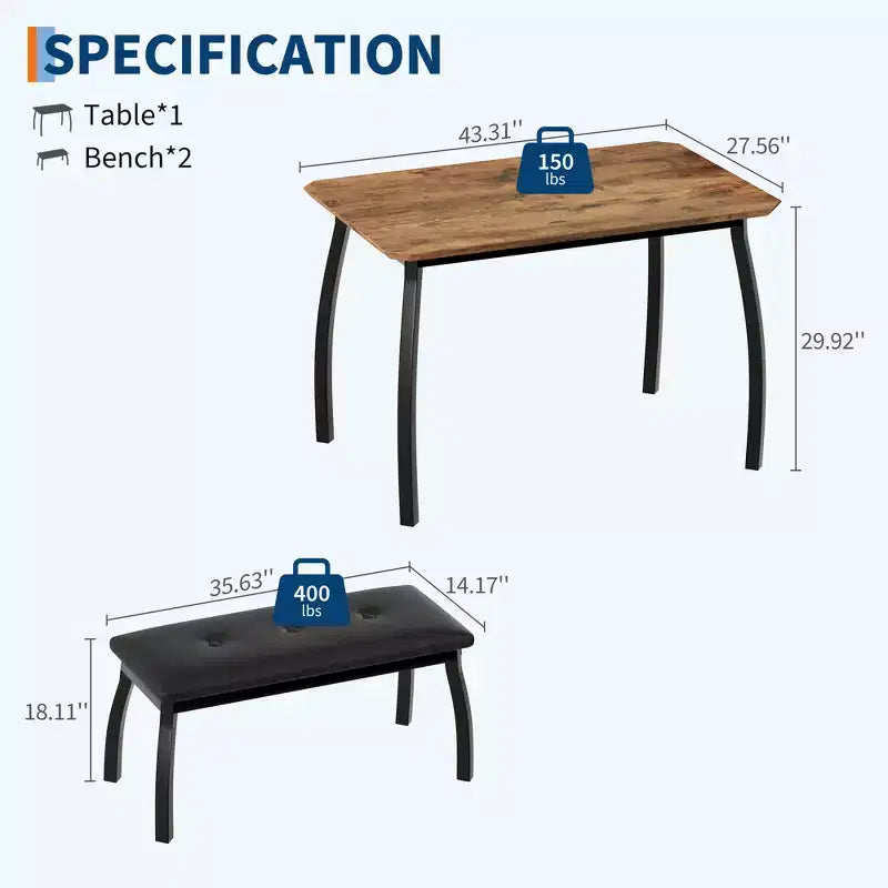 Dining Table Set for 4, Metal Frame Kitchen Table Set with 2 Upholstered Bench, 3 Piece Dining Room Table Furniture for Apartment, Studio, Home