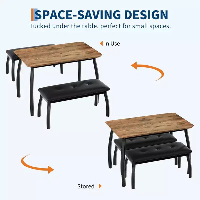 Dining Table Set for 4, Metal Frame Kitchen Table Set with 2 Upholstered Bench, 3 Piece Dining Room Table Furniture for Apartment, Studio, Home