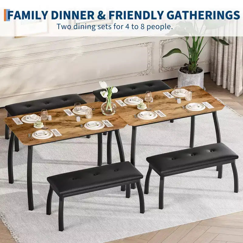 Dining Table Set for 4, Metal Frame Kitchen Table Set with 2 Upholstered Bench, 3 Piece Dining Room Table Furniture for Apartment, Studio, Home