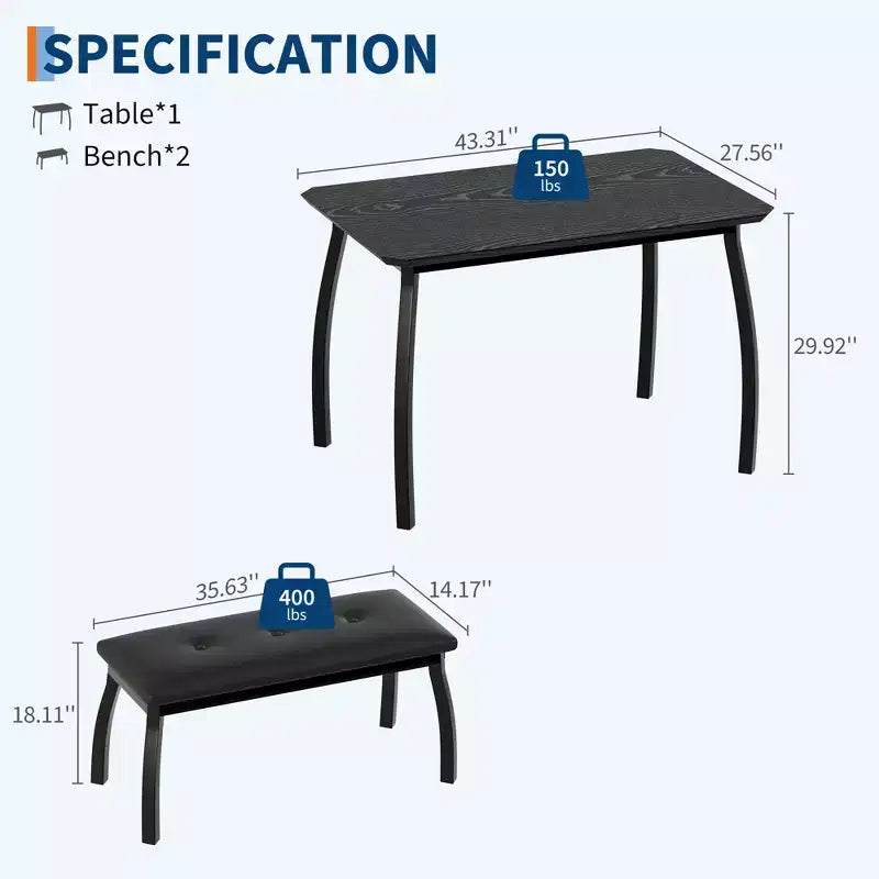 Dining Table Set for 4, Metal Frame Kitchen Table Set with 2 Upholstered Bench, 3 Piece Dining Room Table Furniture for Apartment, Studio, Home
